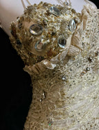 Gold A-Line Spaghetti Strap Satin Lace Long Formal Prom Dress With Beaded Appliques