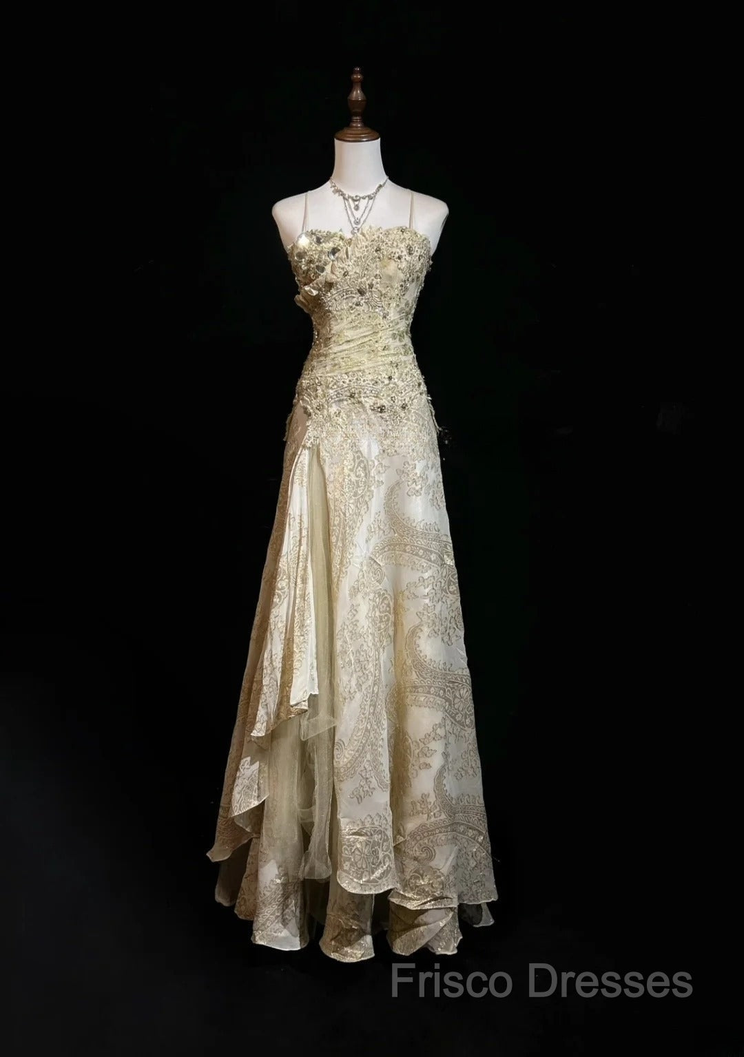 Gold A-Line Spaghetti Strap Satin Lace Long Formal Prom Dress With Beaded Appliques