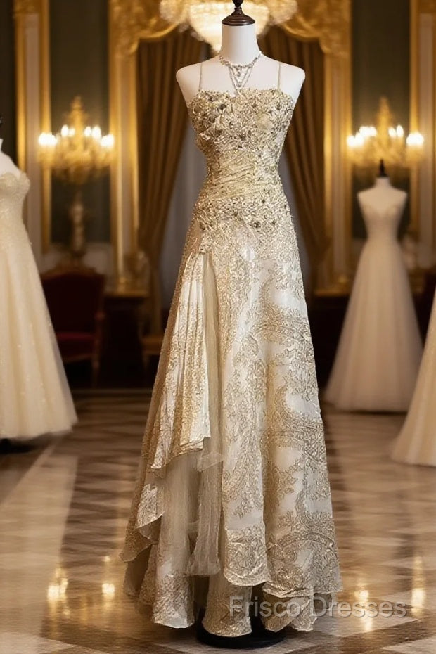 Gold A-Line Spaghetti Strap Satin Lace Long Formal Prom Dress With Beaded Appliques Main image