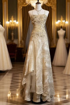 Gold A-Line Spaghetti Strap Satin Lace Long Formal Prom Dress With Beaded Appliques
