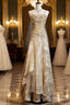Gold A-Line Spaghetti Strap Satin Lace Long Formal Prom Dress With Beaded Appliques