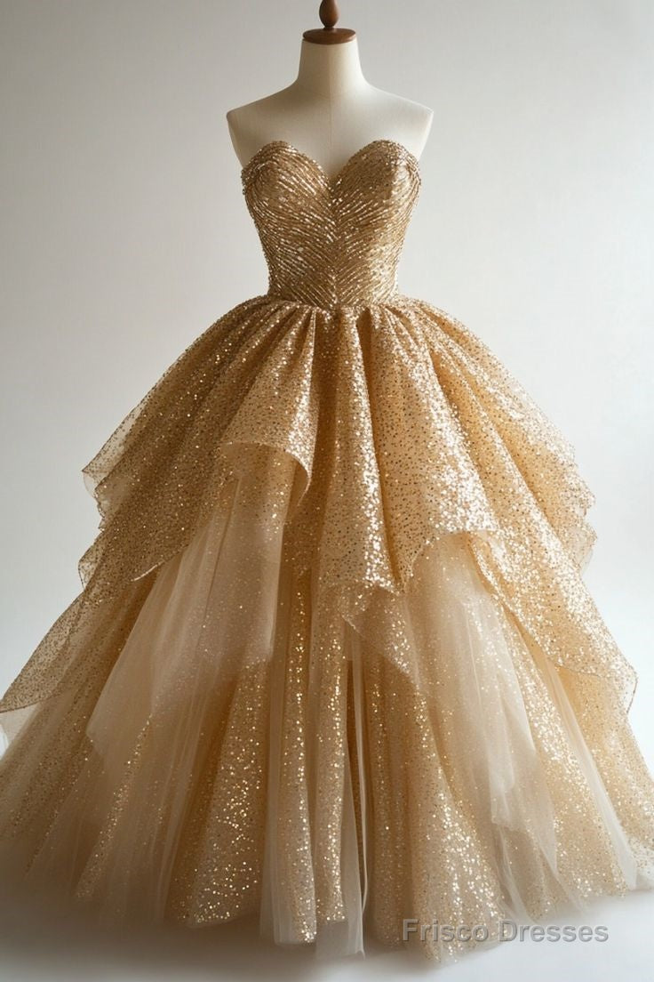 Gold A-Line Sweetheart Tulle Sequin Long Ball Gown, Elegant Evening Dress Main image