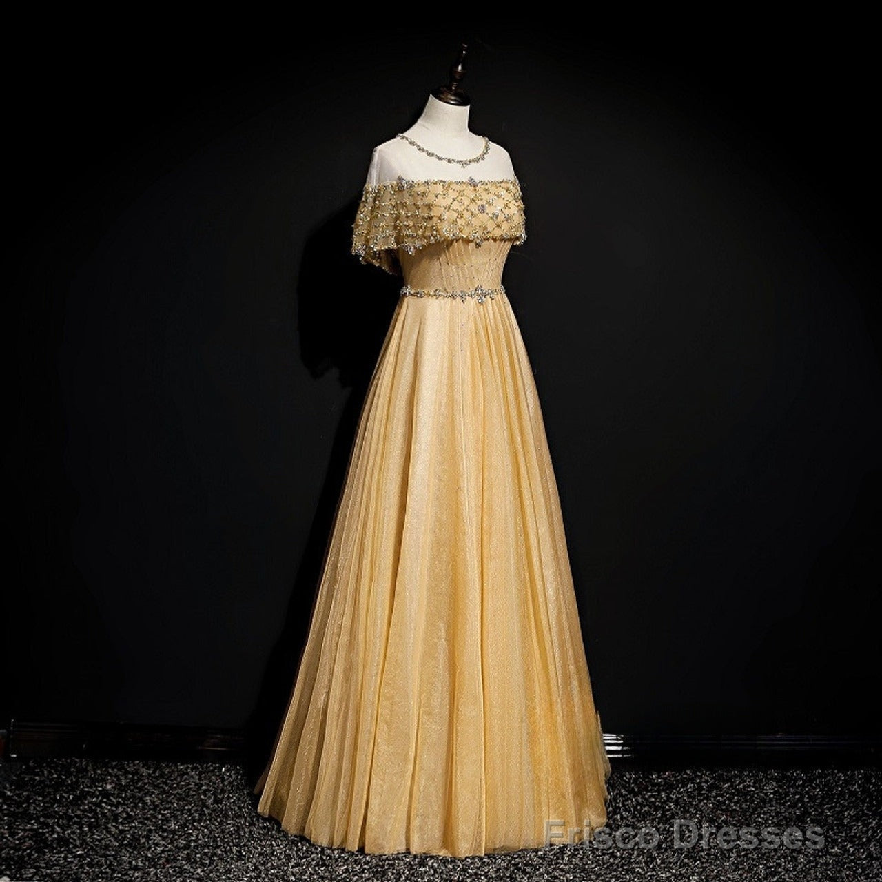 Gold A-Line Tulle Beading Sequins Long Prom Dress Lotus Leaf Sleeve Evening Dress Secondary image