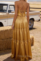 Gold A-line V Neck Sleeveless Floor-Length Prom Dress Long Prom Dresses Backless with Pleated Ruffles