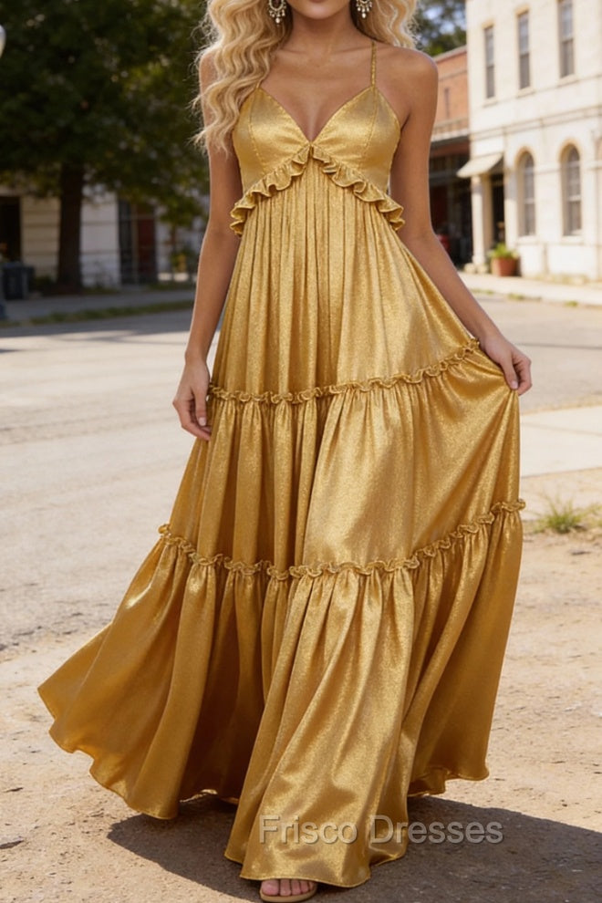 Gold A-line V Neck Sleeveless Floor-Length Prom Dress Long Prom Dresses Backless with Pleated Ruffles