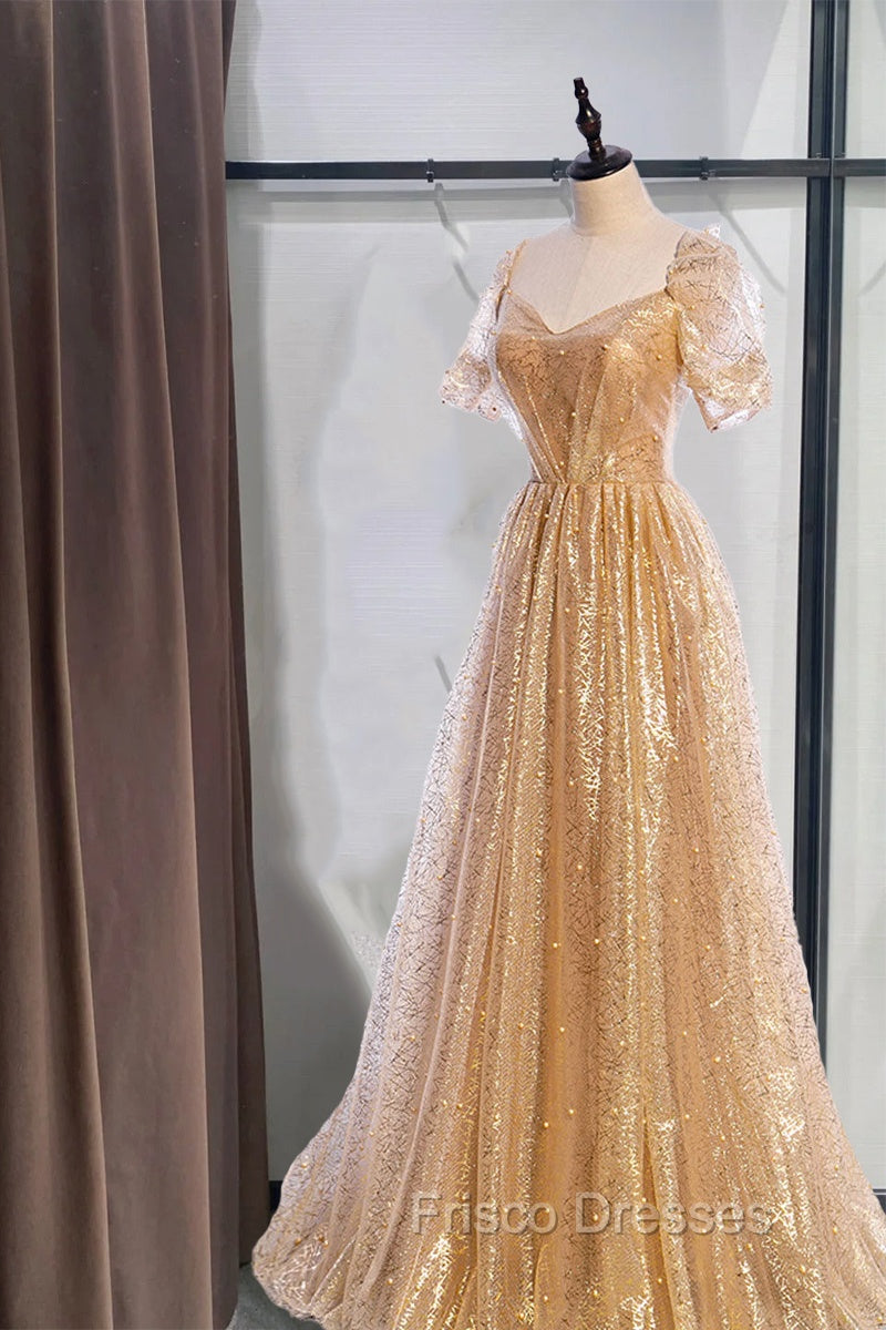 Gold Aline Tulle V Neck Long Formal Prom Dress, Gold Formal Dress Secondary image