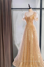 Gold Aline Tulle V Neck Long Formal Prom Dress, Gold Formal Dress