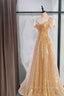 Gold Aline Tulle V Neck Long Formal Prom Dress, Gold Formal Dress