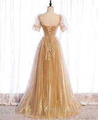 Gold Aline Tulle V Neck Long Formal Prom Dress, Gold Formal Dress
