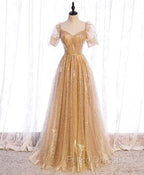 Gold Aline Tulle V Neck Long Formal Prom Dress, Gold Formal Dress