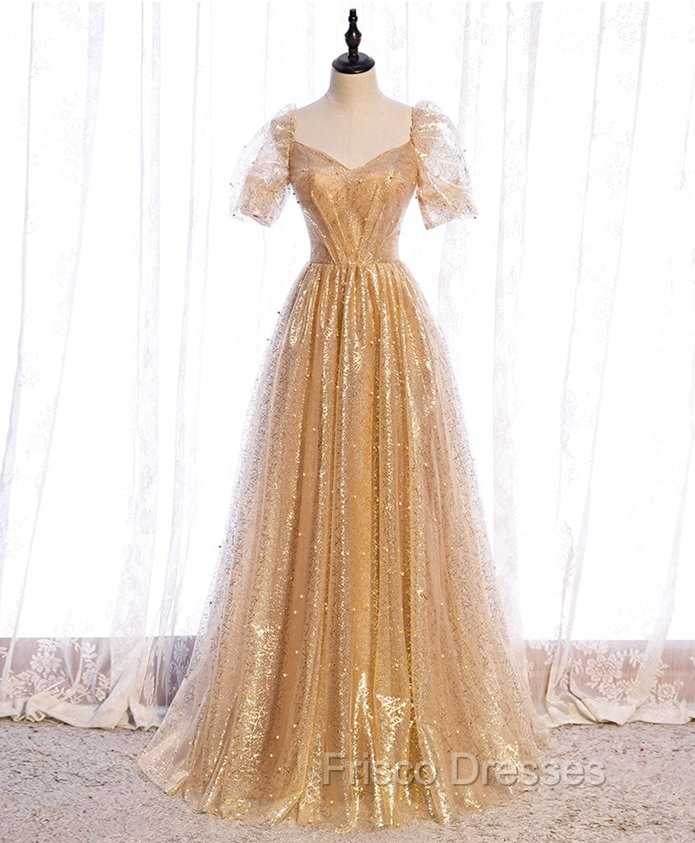 Gold Aline Tulle V Neck Long Formal Prom Dress, Gold Formal Dress