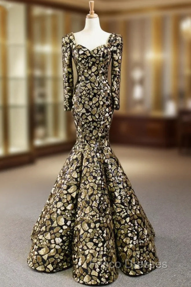 Gold And Black Sequins Mermaid Long Sleeve Square Formal Prom Dress Main image