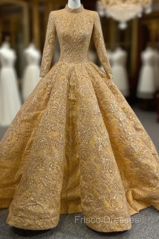 Gold Appliques Sequins High Neck Long Sleeve Formal Prom Dress Main image