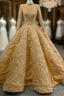 Gold Appliques Sequins High Neck Long Sleeve Formal Prom Dress