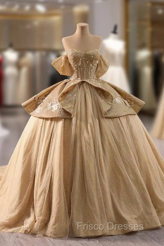 Gold Ball Gown Off the Shoulder Appliques Formal Prom Dress Main image