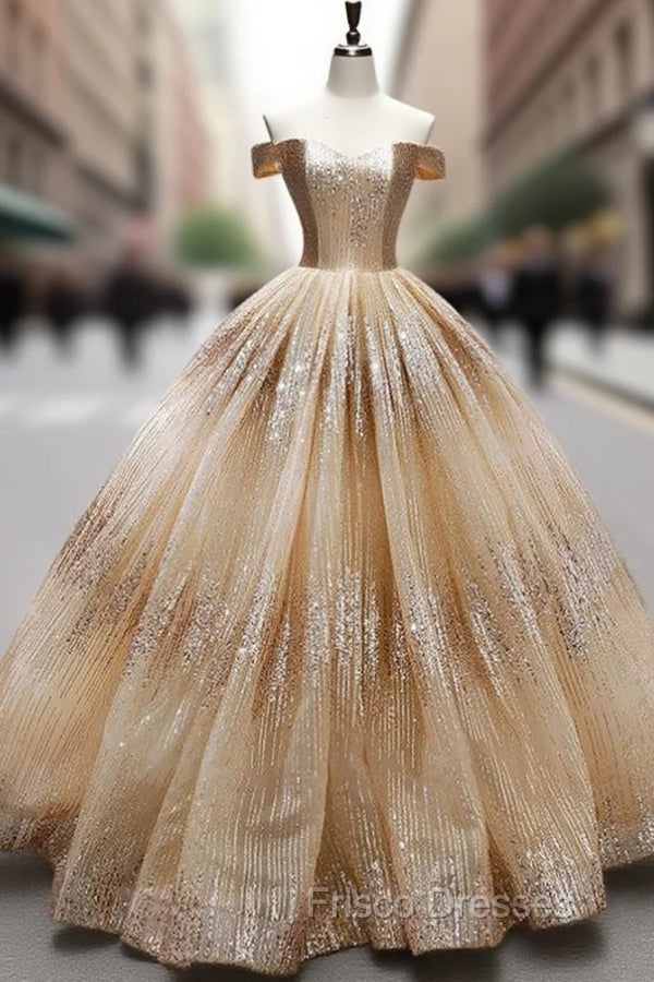 Gold Ball Gown Off The Shoulder Sequins Floor Length Wedding Dress Main image