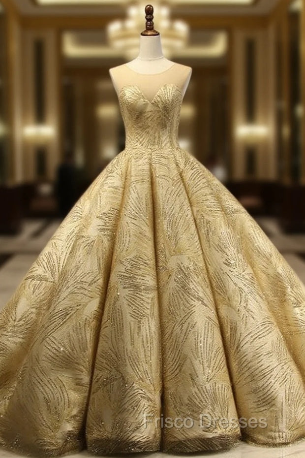 Gold Ball Gown Scoop Neck Sequins Backless Haute Couture Wedding Dress