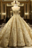 Gold Ball Gown Scoop Neck Sequins Backless Haute Couture Wedding Dress