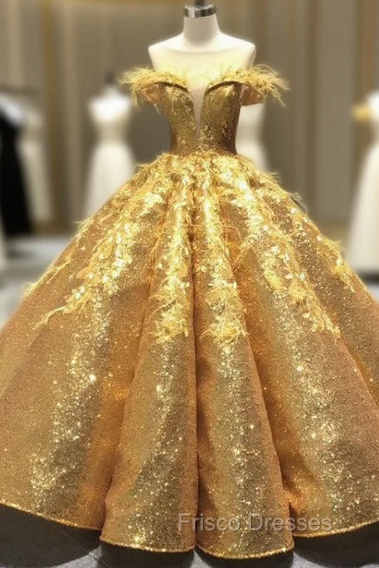 Gold Ball Gown Sequins Appliques See Through V-neck Formal Prom Dress With Feather Main image