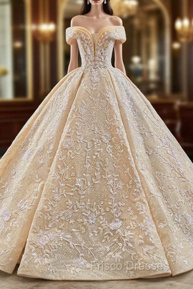 Gold Ball Gown Sequins Beading Off the Shoulder Formal Prom Dress Main image