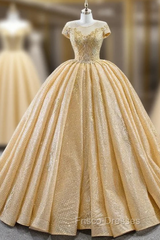 Gold Ball Gown Sequins Cap Sleeve Appliques Formal Prom Dress Main image