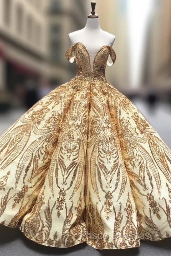 Gold Ball Gown Sequins Off the Shoulder Luxury Formal Prom Dress Main image