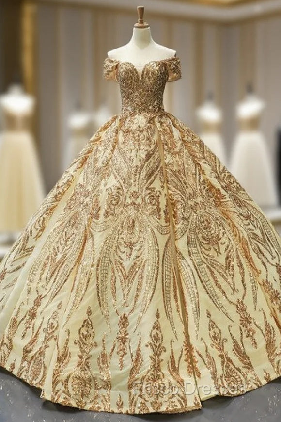 Gold Ball Gown Sequins Off the Shoulder Quinceanera Dress Main image