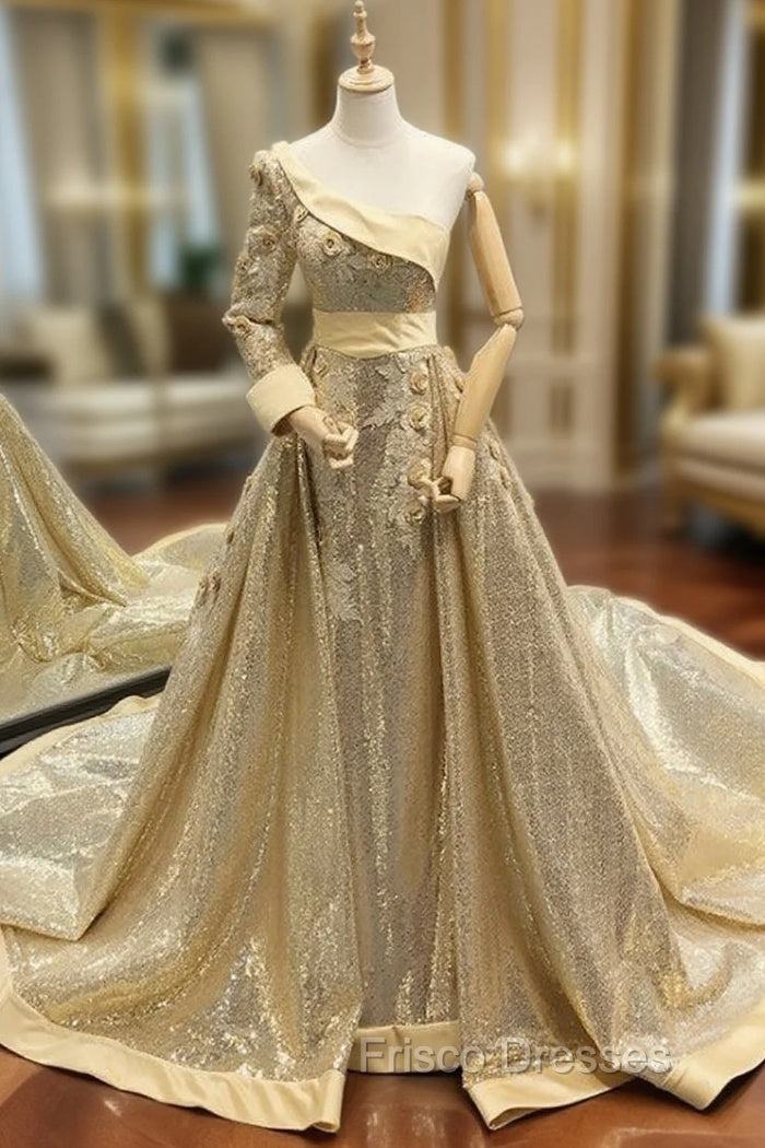 Gold Ball Gown Sequins One Shoulder Long Sleeve Appliques Formal Prom Dress Main image