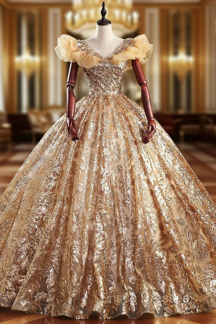 Gold Ball Gown Sequins Scoop Neck Quinceanera Dress Main image