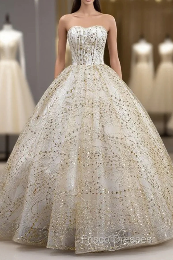 Gold Ball Gown Sequins Tulle Sweetheart Quinceanera Dress