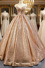 Gold Ball Gown Seuqins Cap Sleeve Long Floor Length Formal Prom Dress