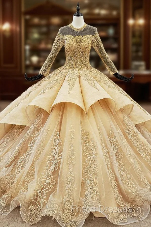 Gold Ball Gown Tulle Long Sleeve Appliques Backless Wedding Dress Main image