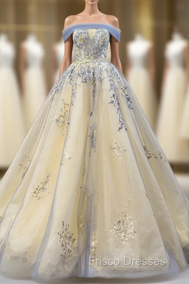 Gold Ball Gown Tulle Off the Shoulder Sequins Formal Prom Dress Main image