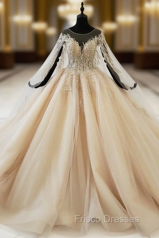 Gold Ball Gown Tulle Sequins Backless Appliques Beading Wedding Dress Main image