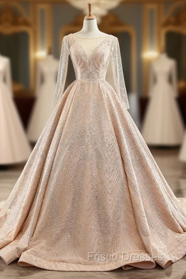 Gold Ball Gown Tulle Sequins Long Sleeve Backless Formal Prom Dress Main image