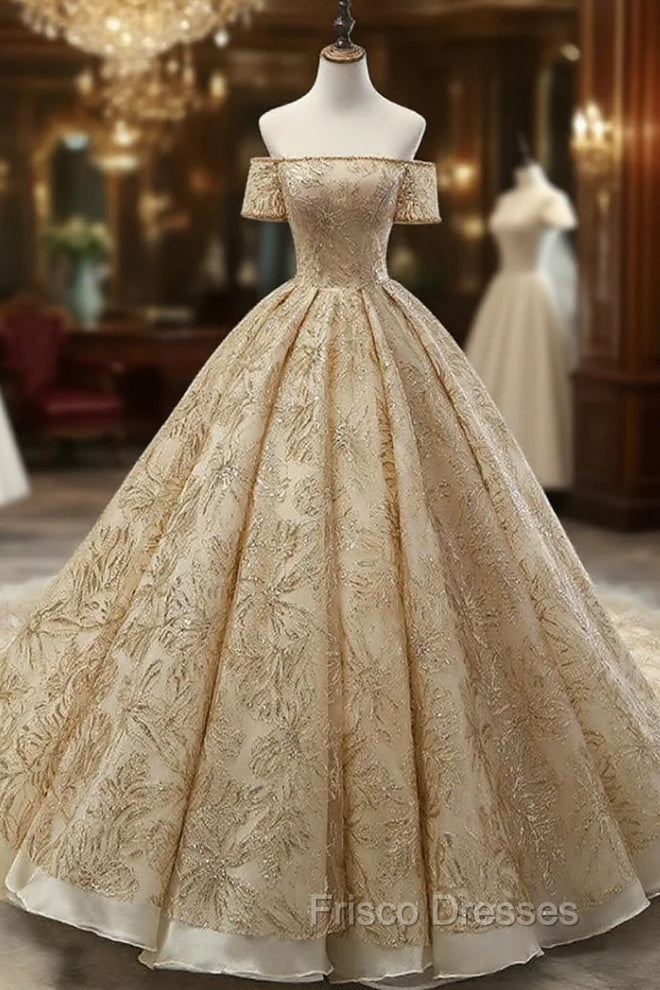 Gold Ball Gown Tulle Sequins Off The Sholuder Short Sleeve Wedding Dress Main image