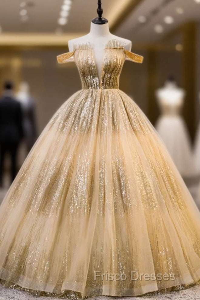 Gold Ball Gown Tulle Sequins Off the Shoulder Pleats Quinceanera Dress Main image