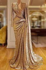 Gold Evening Dress A-Line V-Neck Long Sleeves Sequins Long Turkey Dubai Saudi Arabic Evening Gown Formal Prom Dress