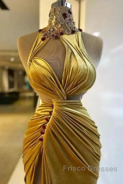 Gold Evening Dress Sheath High Collar Velvet Beaded Slit Long Turkey Dubai Saudi Arabic Evening Gown Formal Prom Dress