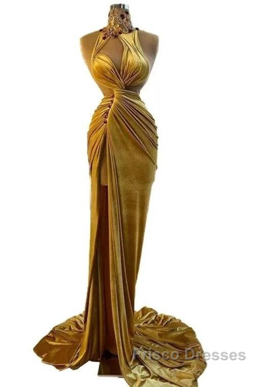 Gold Evening Dress Sheath High Collar Velvet Beaded Slit Long Turkey Dubai Saudi Arabic Evening Gown Formal Prom Dress