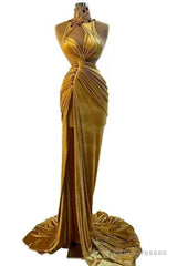 Gold Evening Dresses Sheath High Collar Velvet Beaded Slit Long Turkey Dubai Saudi Arabic Evening Gown Prom Dresses