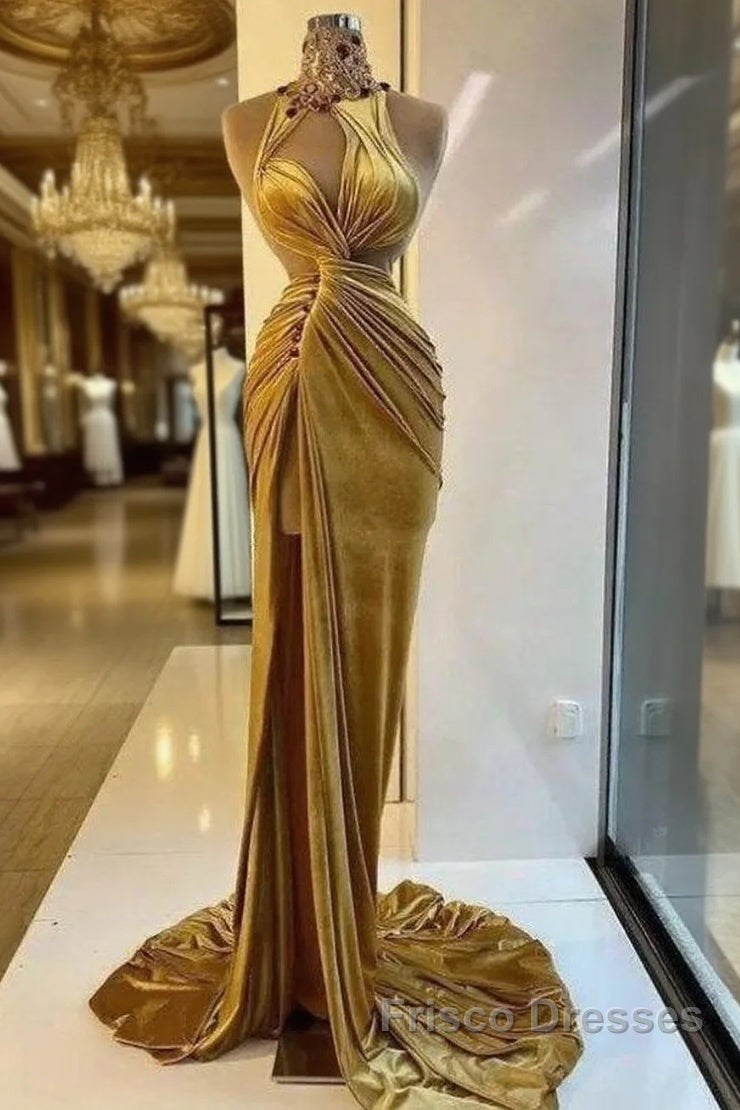 Gold Evening Dress Sheath High Collar Velvet Beaded Slit Long Turkey Dubai Saudi Arabic Evening Gown Formal Prom Dress Main image