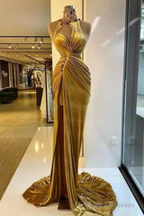 Gold Evening Dresses Sheath High Collar Velvet Beaded Slit Long Turkey Dubai Saudi Arabic Evening Gown Prom Dresses