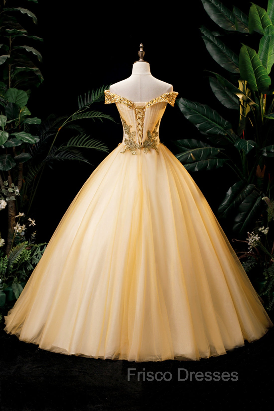 Gold Floor Length Tulle Beading Formal Dress, Lovely Off the Shoulder Evening Party Dress