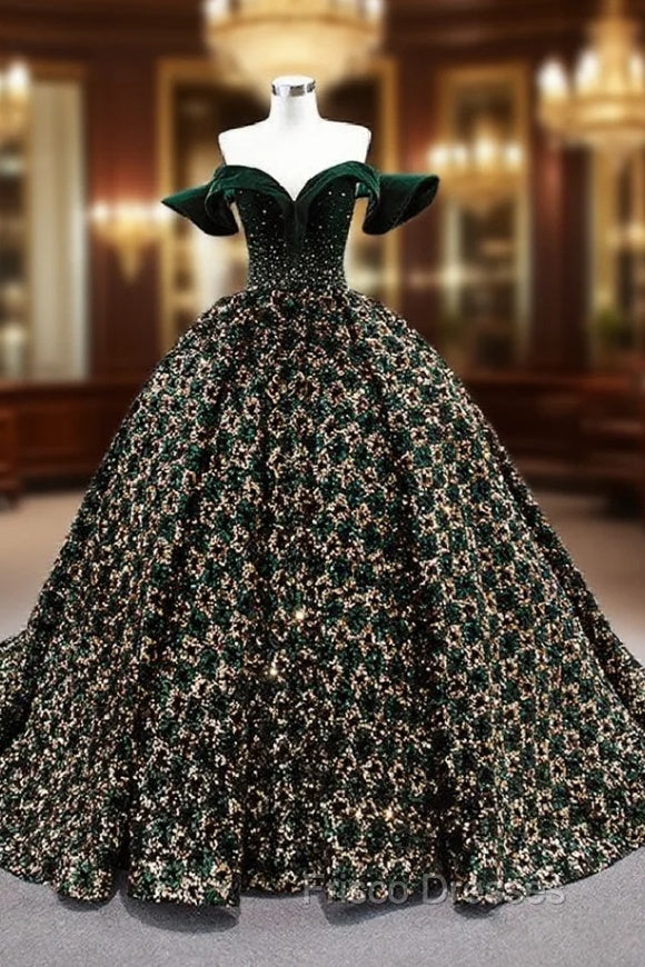 Gold Green Ball Gown Sequins Off the Shoulder Formal Prom Dress Main image