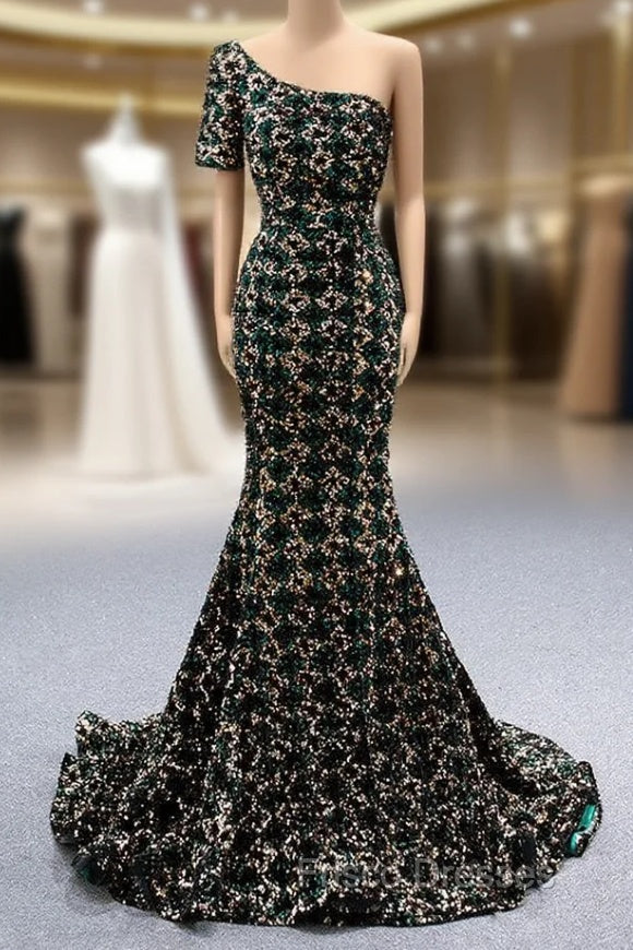 Gold Green Mermaid Sequins One Shoulder Formal Prom Dress