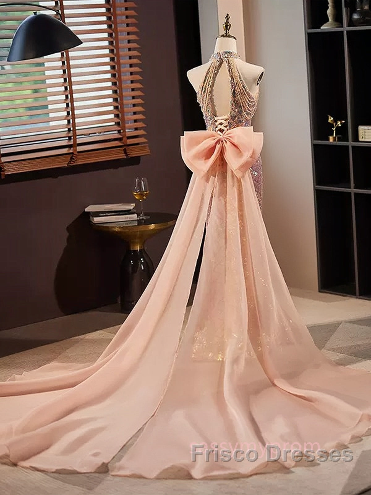 Gold Halter Beading Sequin Mermaid Formal Prom Dress With Detachable Bow Secondary image