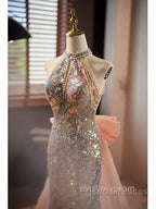 Gold Halter Beading Sequin Mermaid Formal Prom Dress With Detachable Bow