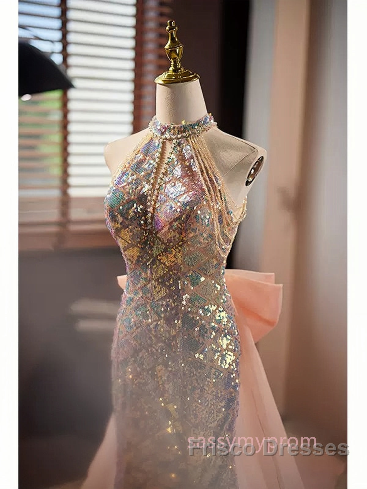 Gold Halter Beading Sequin Mermaid Formal Prom Dress With Detachable Bow