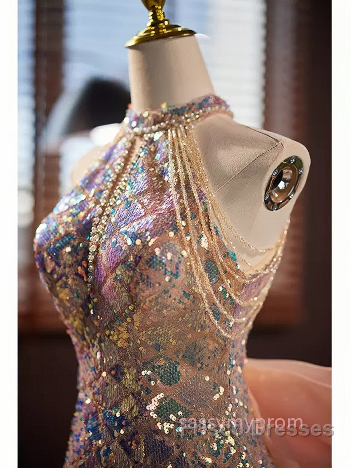 Gold Halter Beading Sequin Mermaid Formal Prom Dress With Detachable Bow